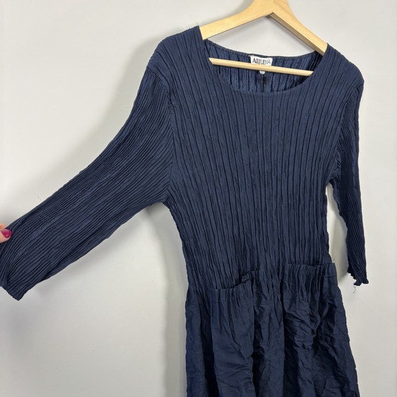 Alquema Panelo Size 2 (M/L) Navy Blue Pleated Midi Dress Crinkle Lagenlook - Picture 2 of 14